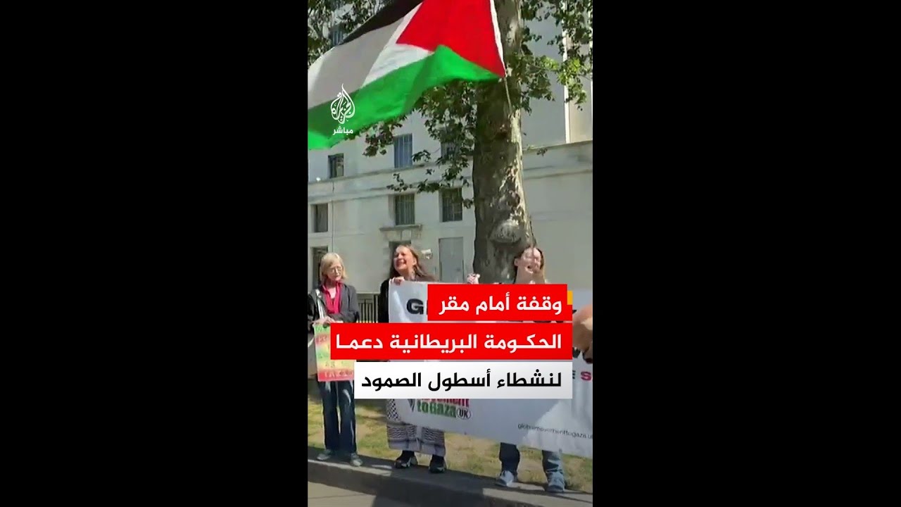 وقفة أمام مقر الحكومة البريطانية للمطالبة بالإفراج عن ناشطين من أسطول الصمود تحتجزهما إسرائيل
