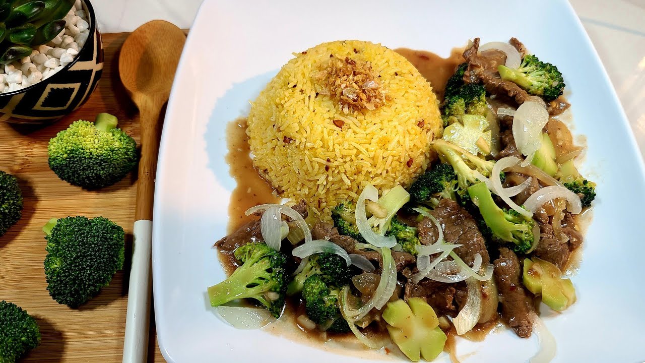 Beef Broccoli and Fried Rice with atsuete oil and garlic/lutong bahay
