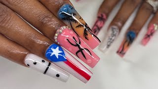 [Part 2: Design]  🇵🇷Puerto Rico Long Coffin Nails Design Inspo |ACRYLIC NAILS Tutorial REAL TIME