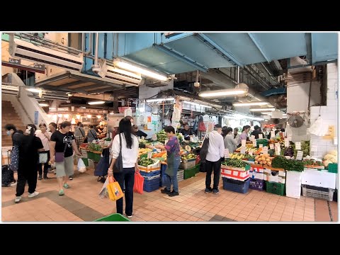 Tai Shing Street Market (Hong Kong Market, Hong Kong Food): A bustling market with many people bu...