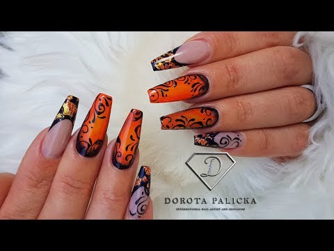Autumn color nails. Fall nail art tutorial. Orange ombre