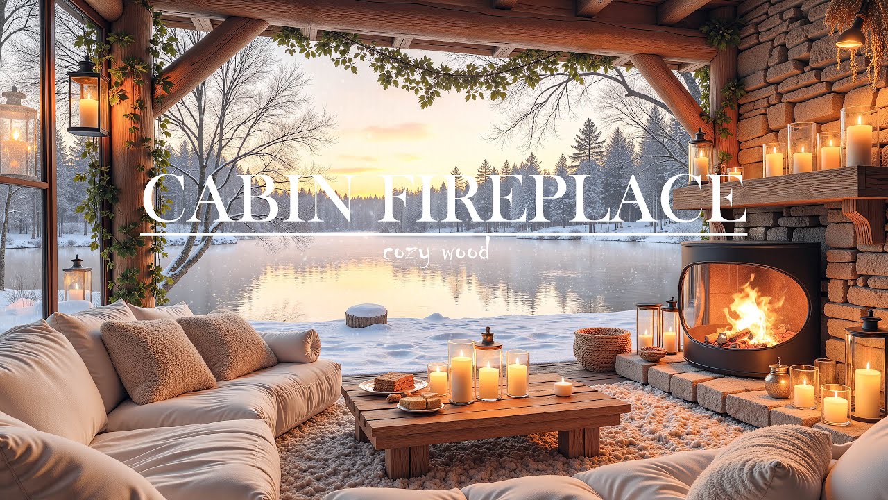 Golden Dusk by the Frozen Lake ❄️ | Cozy Cabin Fireplace & Soft Jazz Ambience for Deep Calm