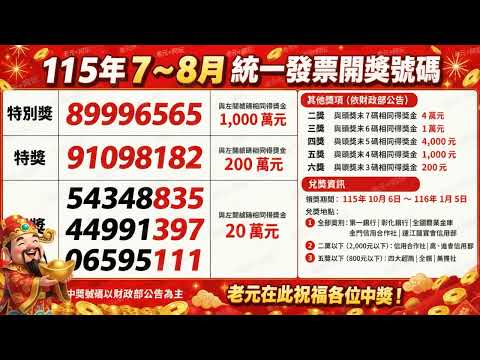 115年7–8月統一發票中獎號碼｜千萬特別獎「89996565」、200萬特獎一次看｜老元