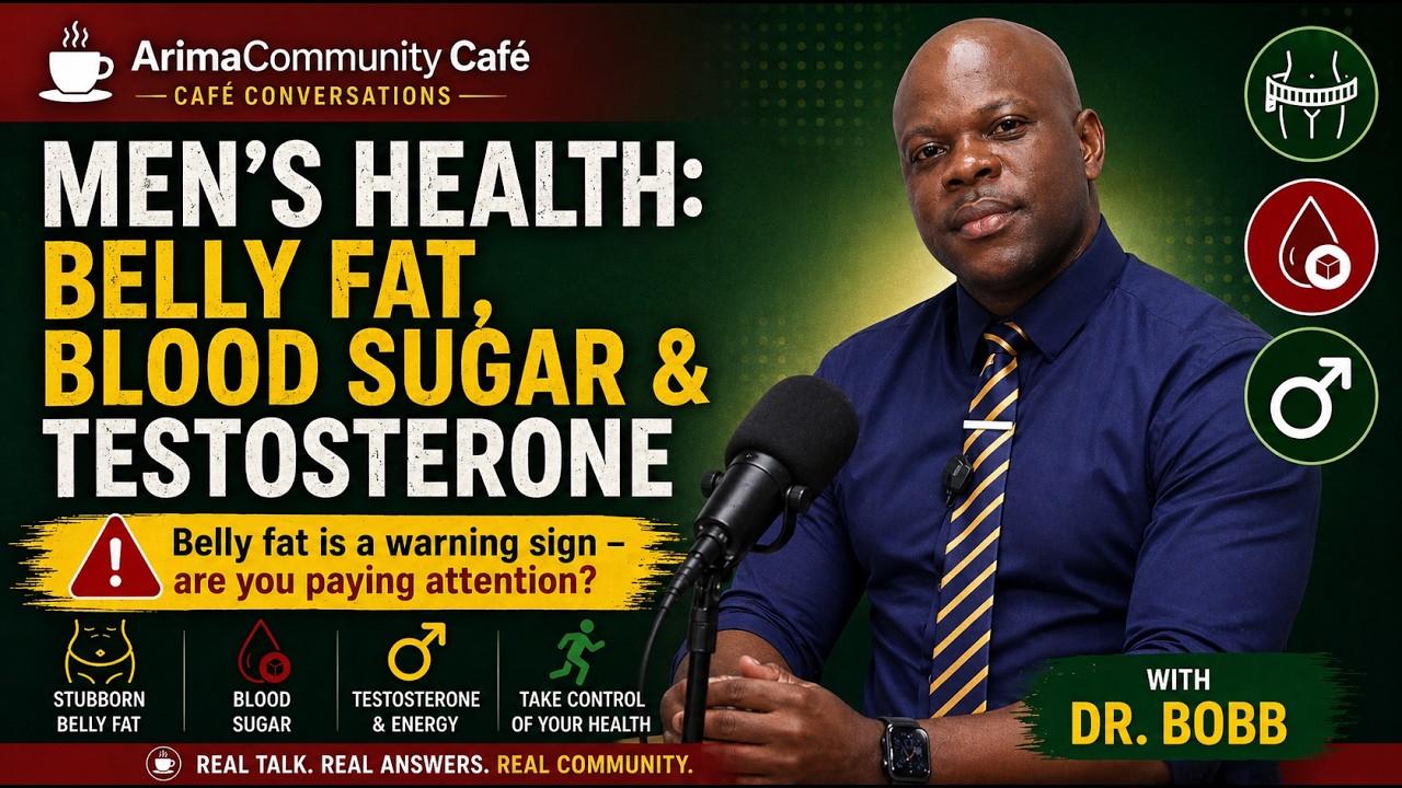 A professional health-themed graphic for a podcast or video series featuring a man, identified as Dr. Bobb, sitting behind a studio microphone. He is a Black man with a shaved head, wearing a navy blue shirt and a gold and navy striped tie.