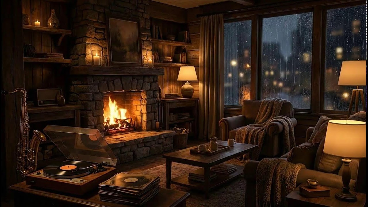 Night‑Time Fireplace Jazz for Deep Sleep & Calm Focus | Cozy Cabin Jazz & Crackling Fire