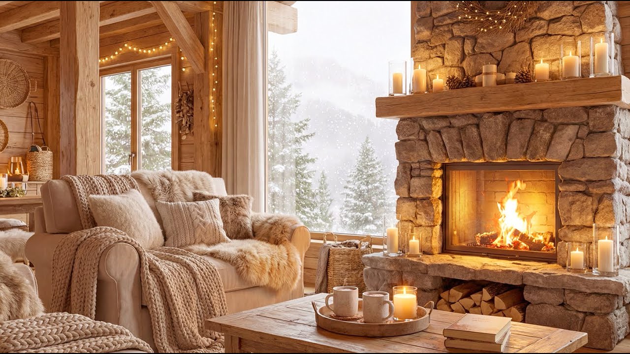 Cozy Winter Cabin Fireplace Ambience ❄️ Snowfall & Crackling Fire Sounds