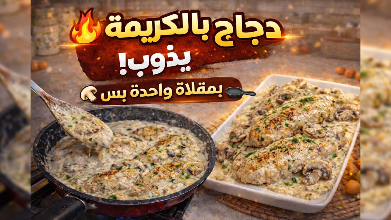 أسهل دجاج بالكريمة والفطر بمقلاة واحدة!