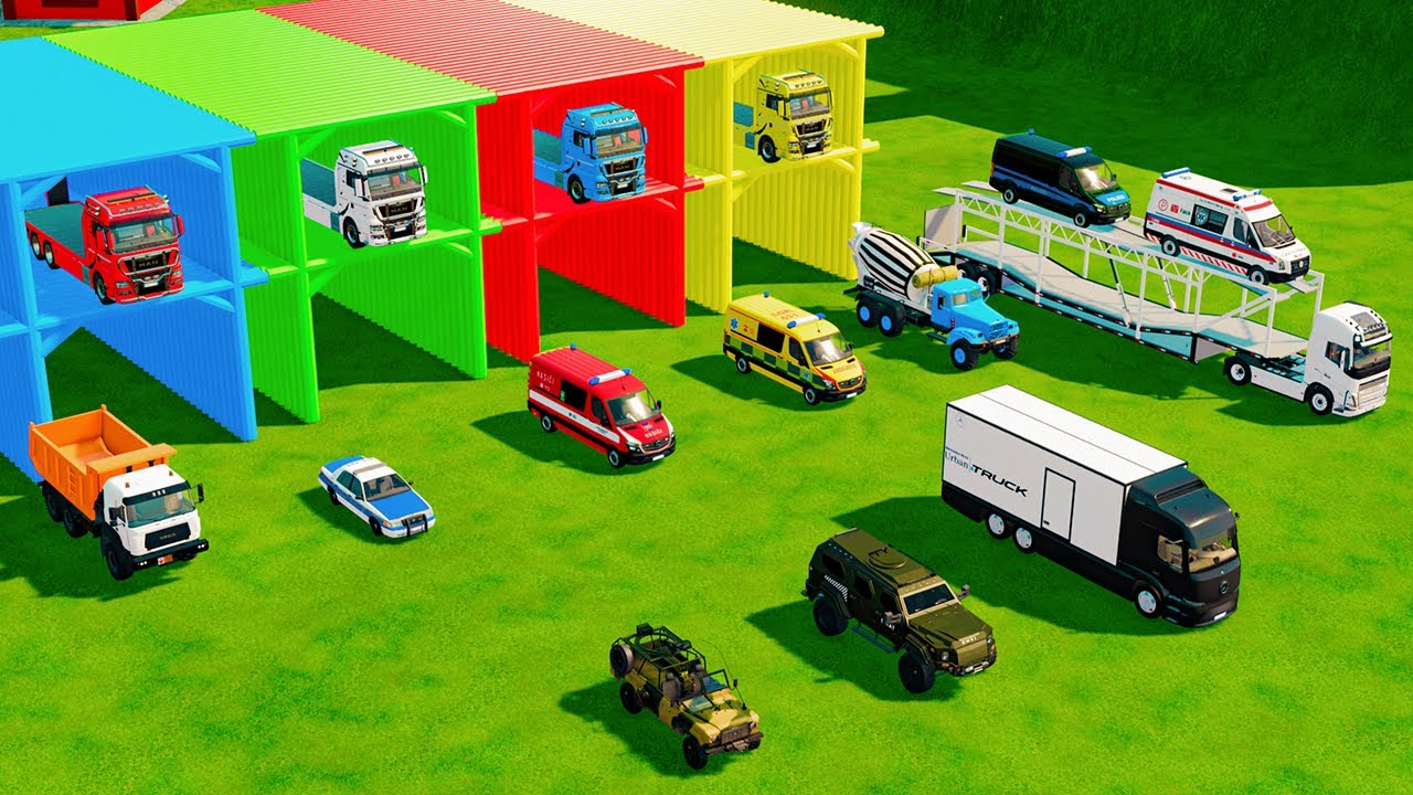 TRANSPORTING MERCEDES MINIBUS, POLICE CARS & FIRE TRUCK TO GARAGE | FARMING SIMULATOR 22