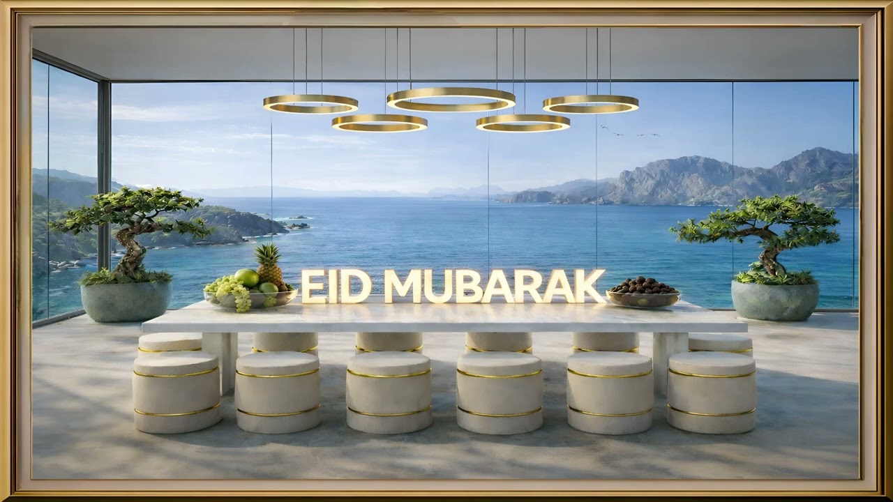 Eid Mubarak Golden Frame - Sea & Horizon | 2 Hours UHD Luxury Terrace Ambience | Amarno_AM | #01
