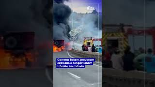 Carretas batem, provocam explosão e congestionam trânsito em rodovia