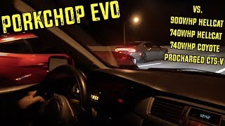 PORKCHOP EVO RETURNS To Race Hellcats & Boosted Mustangs + Procharged CTSV vs Hellcat