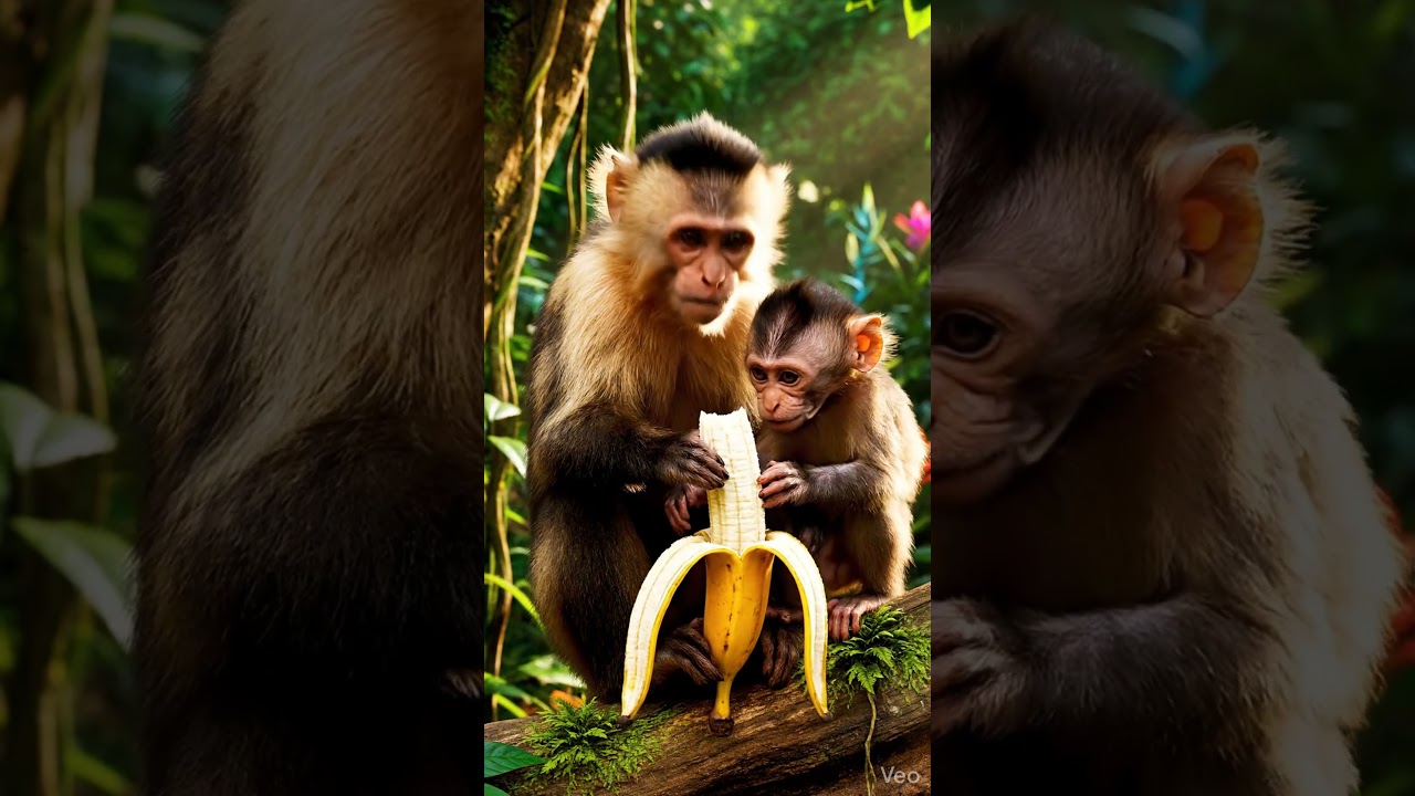 monkey eating banana with cute monkey baby 