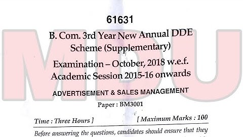 B.com 3rd Year New Annual dde (Supplementary) Advertisement & Sales Management Question Paper Mdu