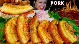 SPICY AND FATTY PORK CURRY WITH MUSTARD LEAVES,RICE & EXTRA GRAVY MUKBANG ASMR||MASSIVE MUKBANG