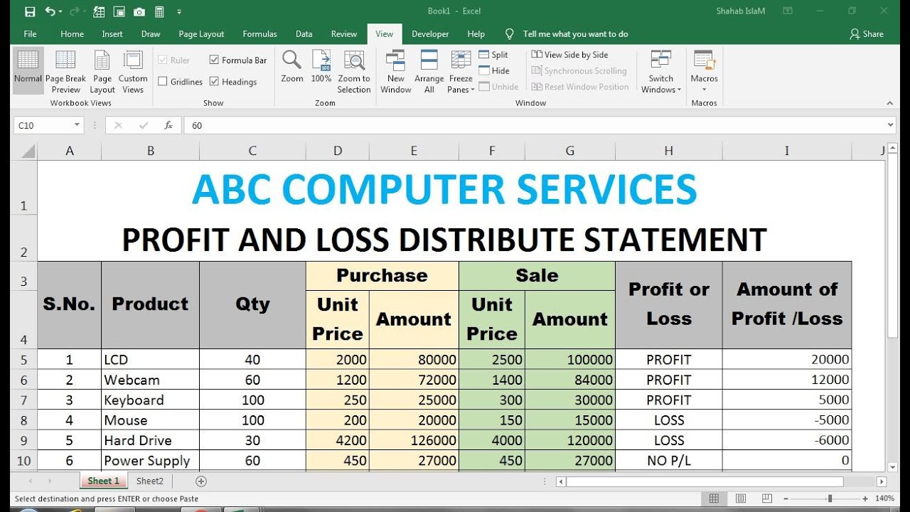 profit and loss template excel