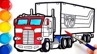 How-to-draw and color TRANSFORMERS OPTIMUS PRIME Trailer Truck . Learn Colors | Bonbon Toy Art