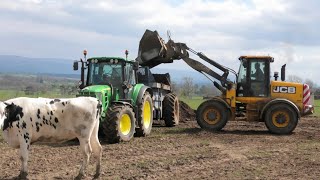 Loading and Spreading Muck with JCB 416 Loader, Two John Deere Tractors and Bunning Spreaders.