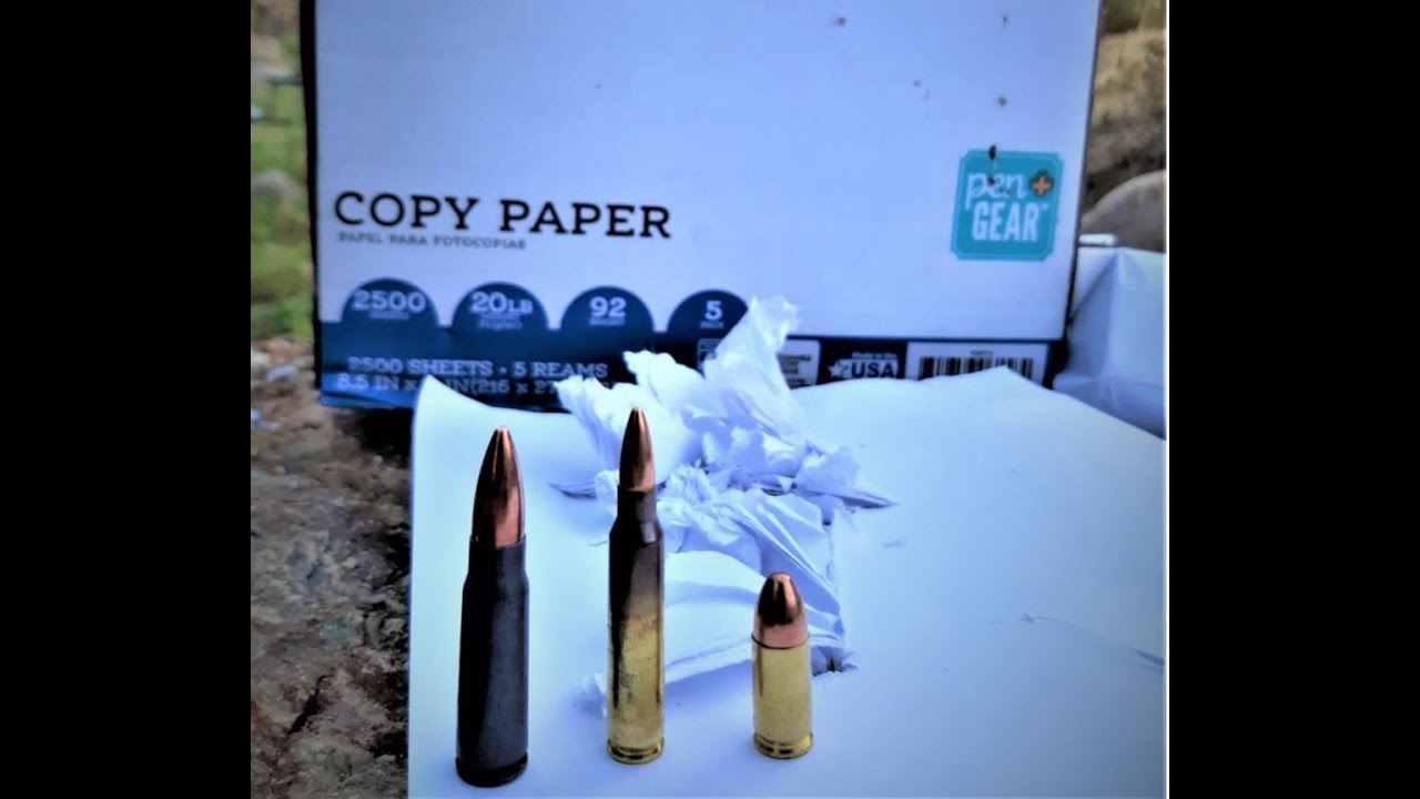shooting stacks of printing paper with different calibers to observe bullet deformation.