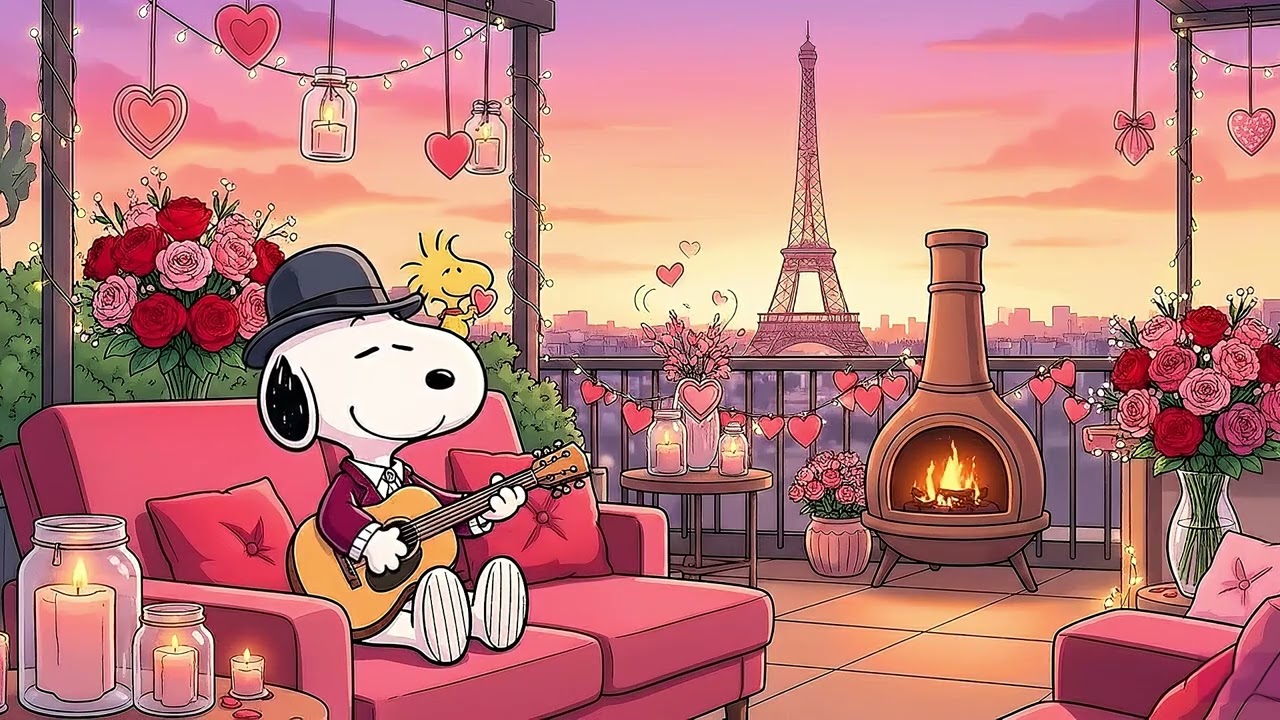 Snoopy's Cozy Valentine Sunset 💕 Lofi Beats with Warm Fireplace Sounds for Study, Chill & Relaxation