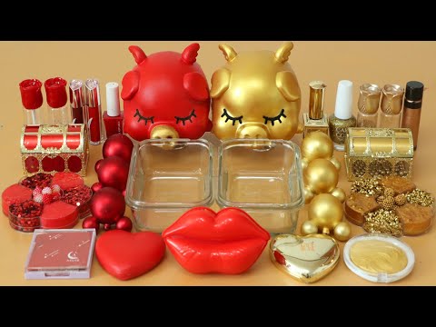 Mixing”Red Pig VS Gold Pig” Eyeshadow and Makeup,parts Into Slime!Satisfying Slime Video!★ASMR★