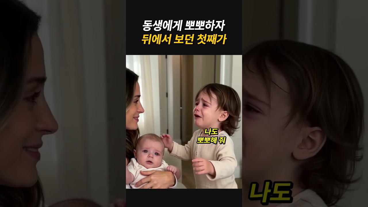 엄마가 동생에게 뽀뽀하자 뒤에서 보던 첫째가