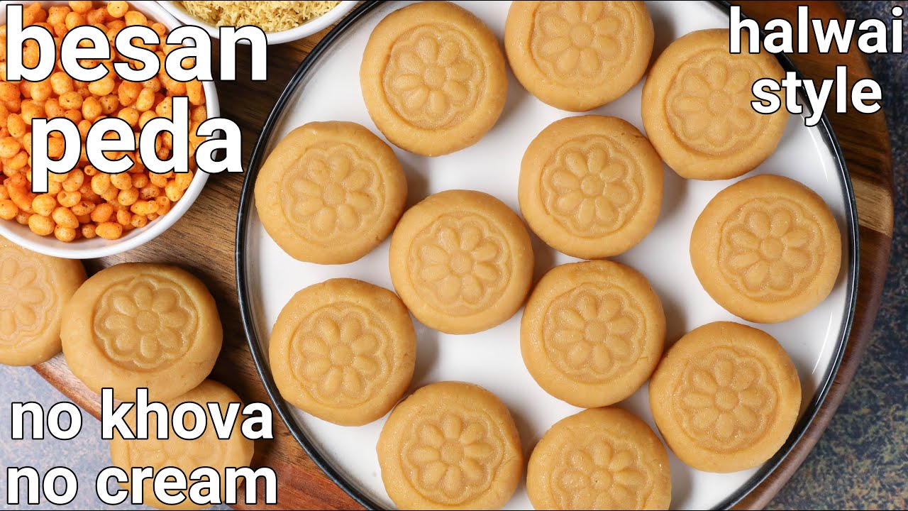 besan coconut peda recipe - no khoya, no sugar syrup | besan coconut barfi peda with milk powder | Hebbar | Hebbars Kitchen