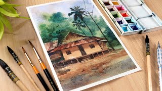 Watercolor Rural Village scenery Step by Step