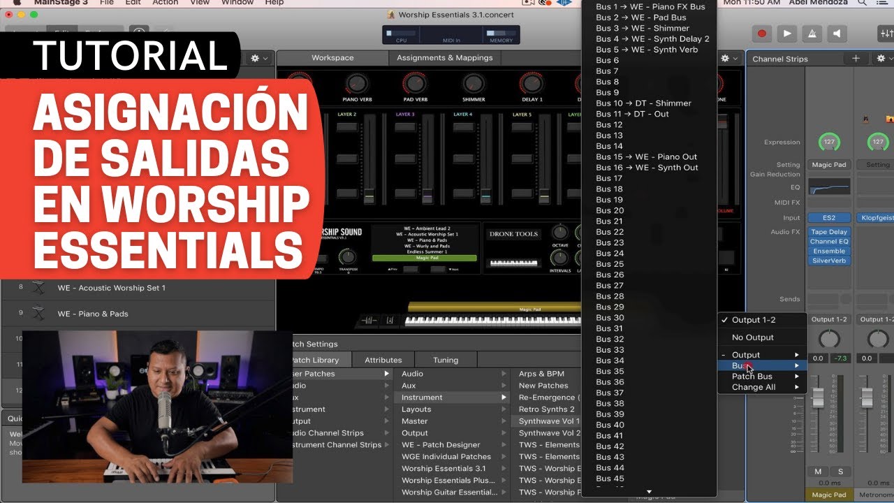 Asignando salidas de instrumentos en Worship Essentials