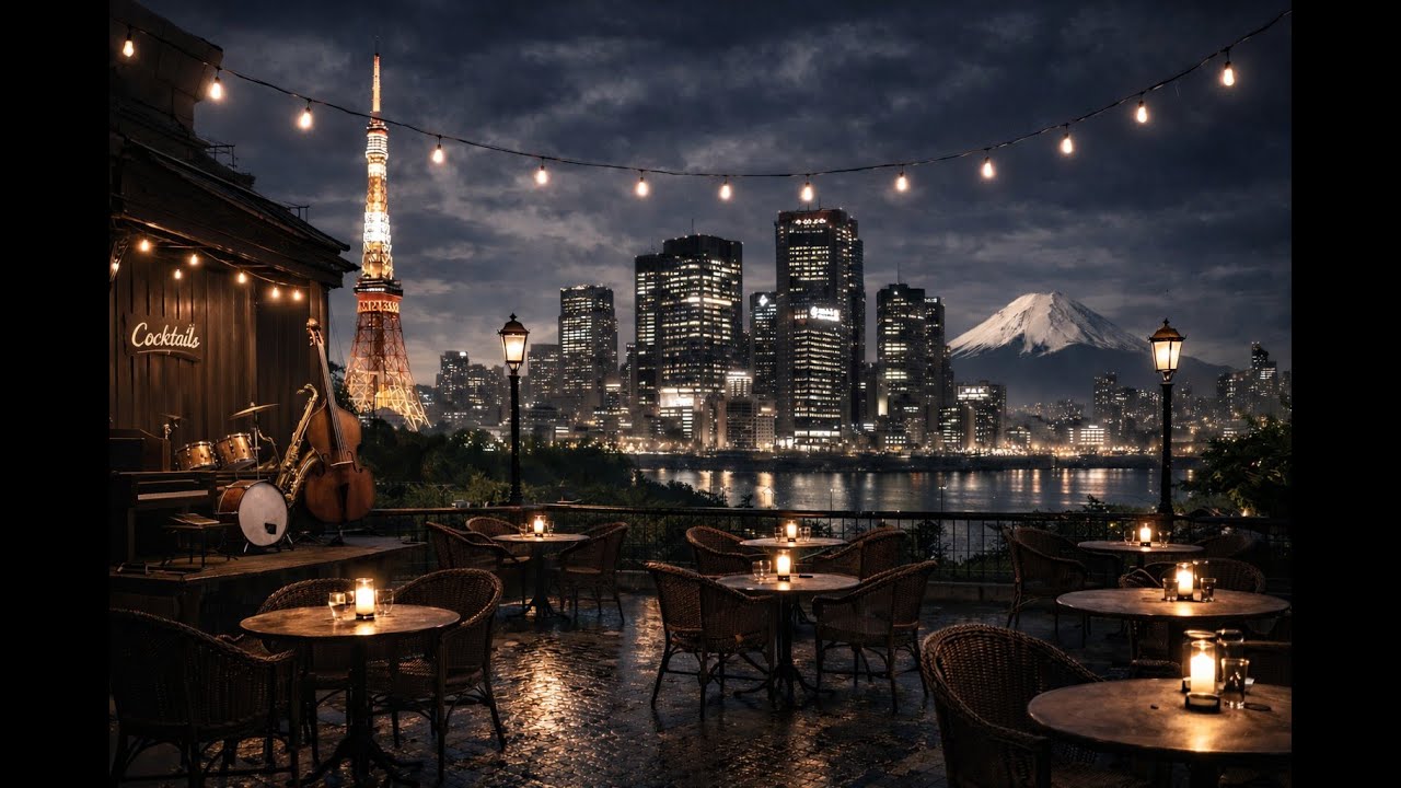 Neon Skyline & Quiet Jazz  Noir Café Overlooking Tokyo