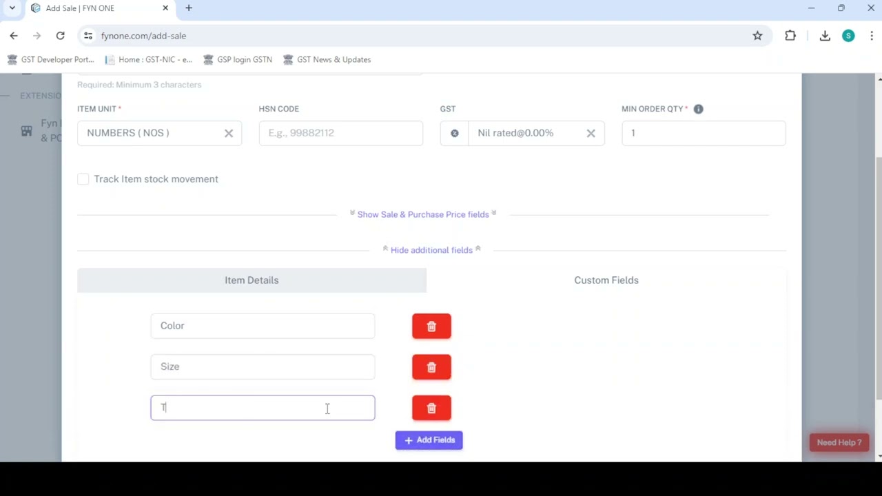 Exports section for goods & services including updation of shipping details, Item custom fields