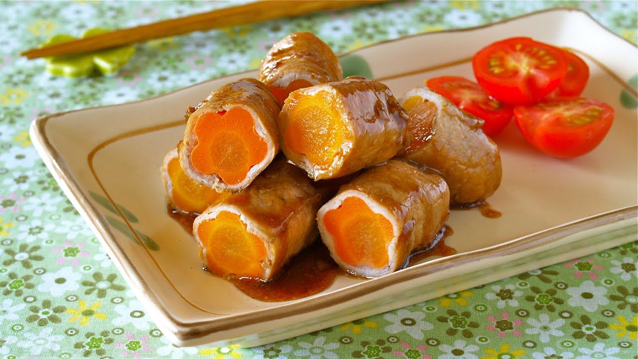 Flower Pork Teriyaki Rolls (Kawaii Bento Dish Idea) かわいいお花のにんじん照り焼き - OCHIKERON - CREATE EAT HAPPY | ochikeron