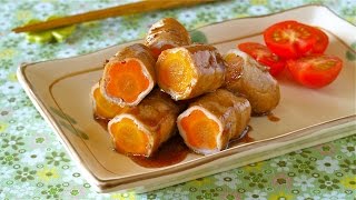 Flower Pork Teriyaki Rolls (Kawaii Bento Dish Idea) かわいいお花のにんじん照り焼き - OCHIKERON - CREATE EAT HAPPY