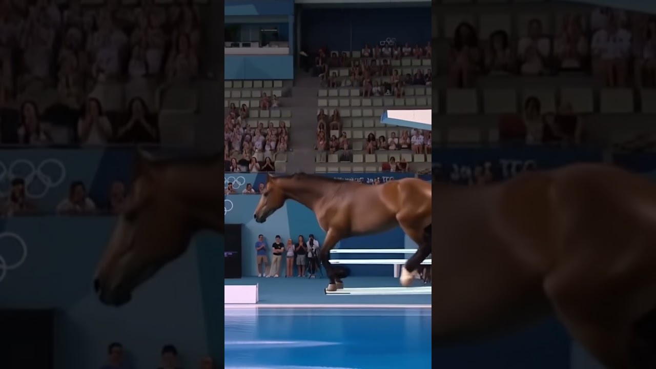 A Fox And Horse is doing an acrobatic dive into a swimming pool at the Olympics and Fox 