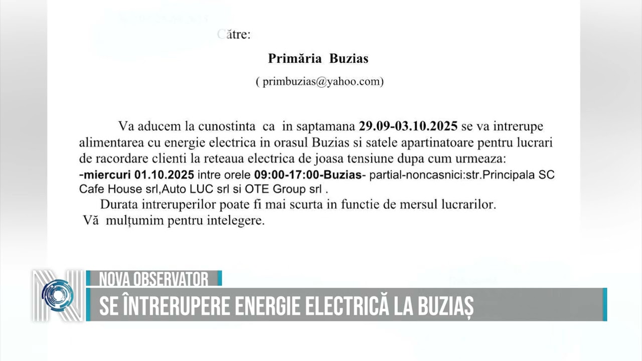 Se întrerupere energie electrică la Buziaș