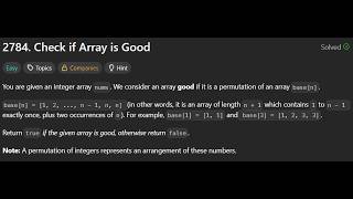 2784. Check if Array is Good | LeetCode | Easy | LeetCode 2784
