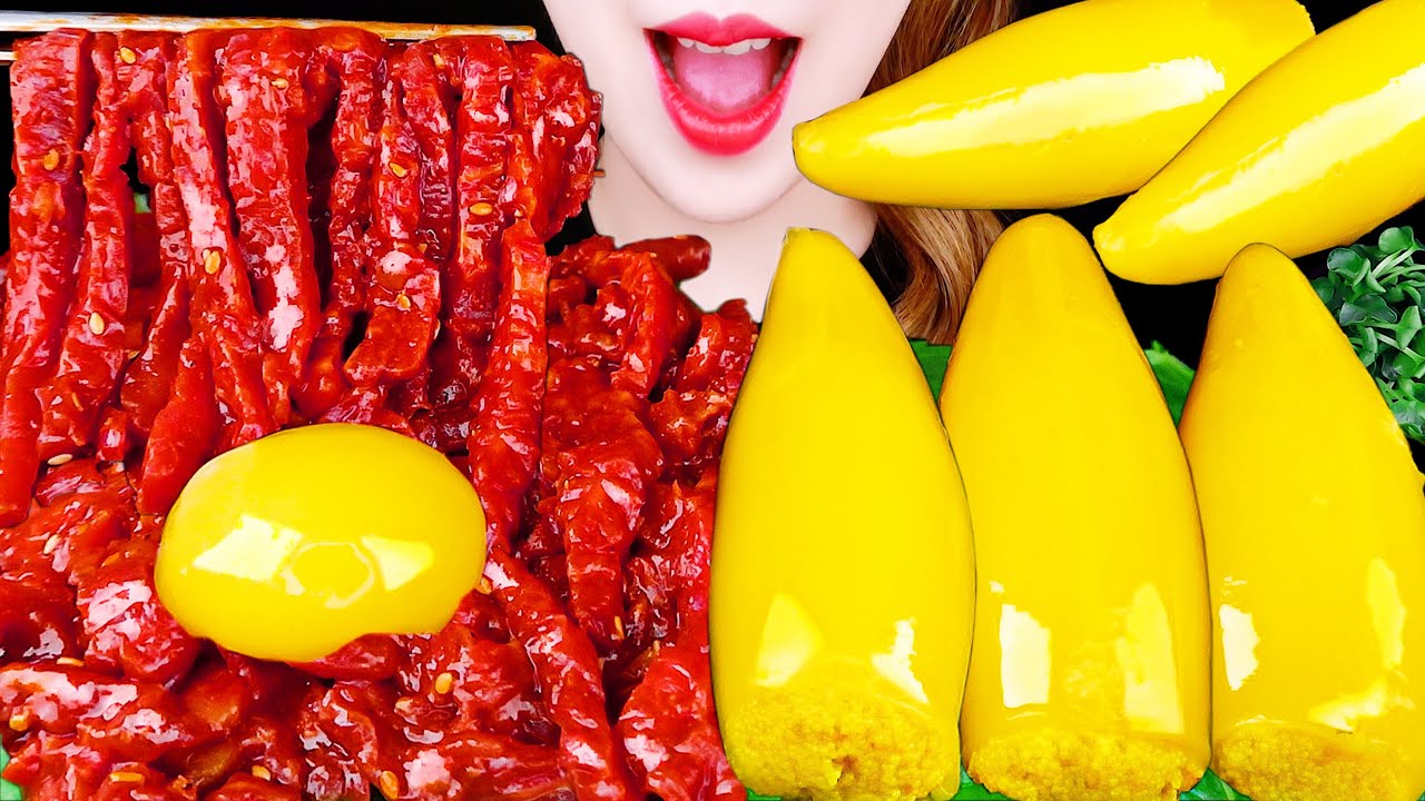 ASMR GIANT FISH ROE IN SQUID, RAW BEEF YUKHOE EATING SOUNDS MUKBANG 대왕 열빙어품은한치, 육회 먹방 咀嚼音
