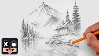 How To Draw a Lakeside Cabin Landscape | Step by Step Art Lesson