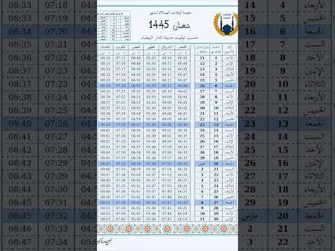حصة أوقات الصلاة لشهر شعبان 1445ه حسب توقيت مدينة الدار البيضاء