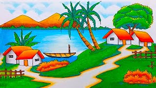 How to Draw Mountain Riverside Village Scenery with Oil Pastel | Mountain waterfall Drawing