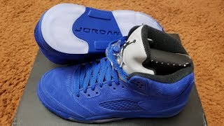 On Feet Only! Jordan Retro 5 "Flight Suit" GS! Blue Suede!
