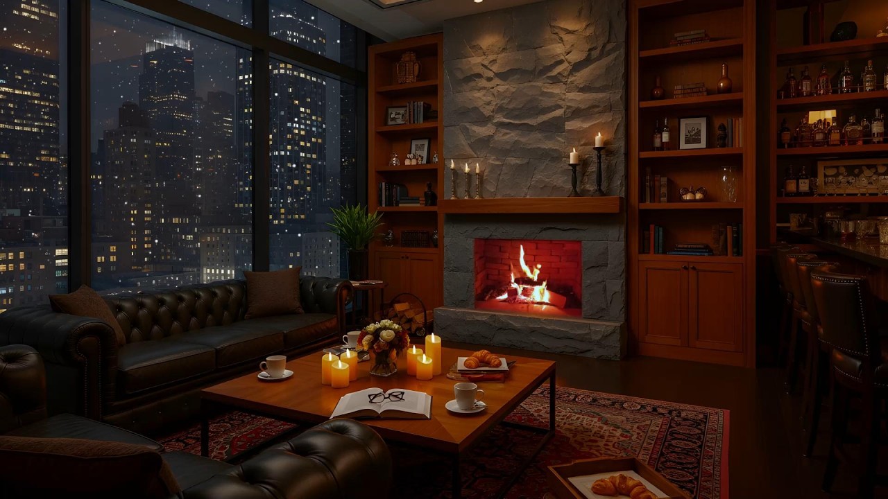 Winter Coffee Shop Ambience on Warm Snowy Day ❄️ Relaxing Jazz Instrumental Music for Study, Focus