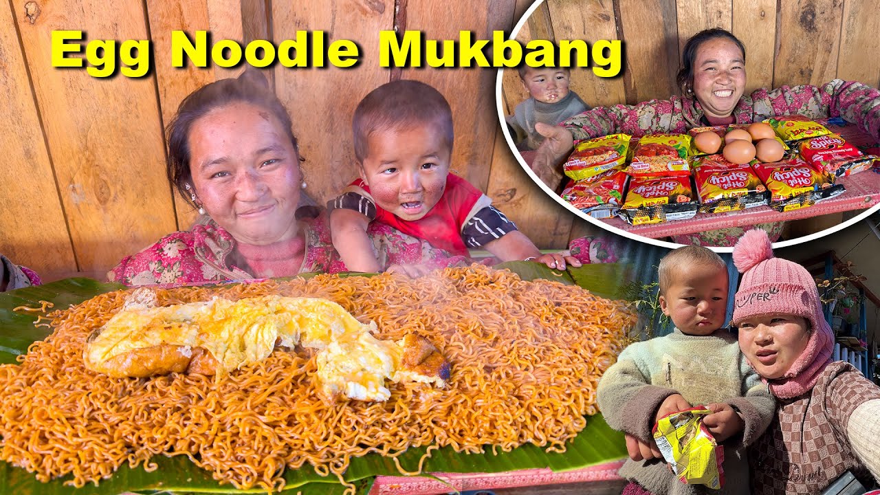 Egg & Noodle Mukbang with small aunty (sano dima) सानो दिमासँग हाम्रो आजको खाजा Village food vlog