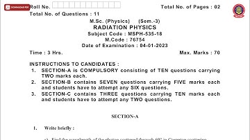 MSC 3RD SEM PHYSICS RADIATION PHYSICS JAN 2023 | PTU