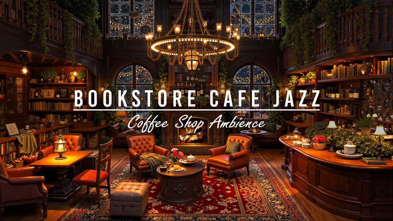 Cozy Jazz Music with Bookstore Cafe Ambience ❄️ Crackling Fireplace Sounds for Study, Reading Book