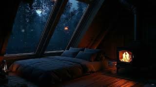 Warm Fireplace in the Attic | Dark Forest Window Ambience, Winter Wind and Snowfall for Sleep