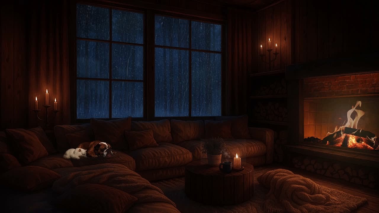 Rainy Cabin Night with Sleeping Pets Fire Crackles & Candle Glow  Cozy Ambience for Sleep