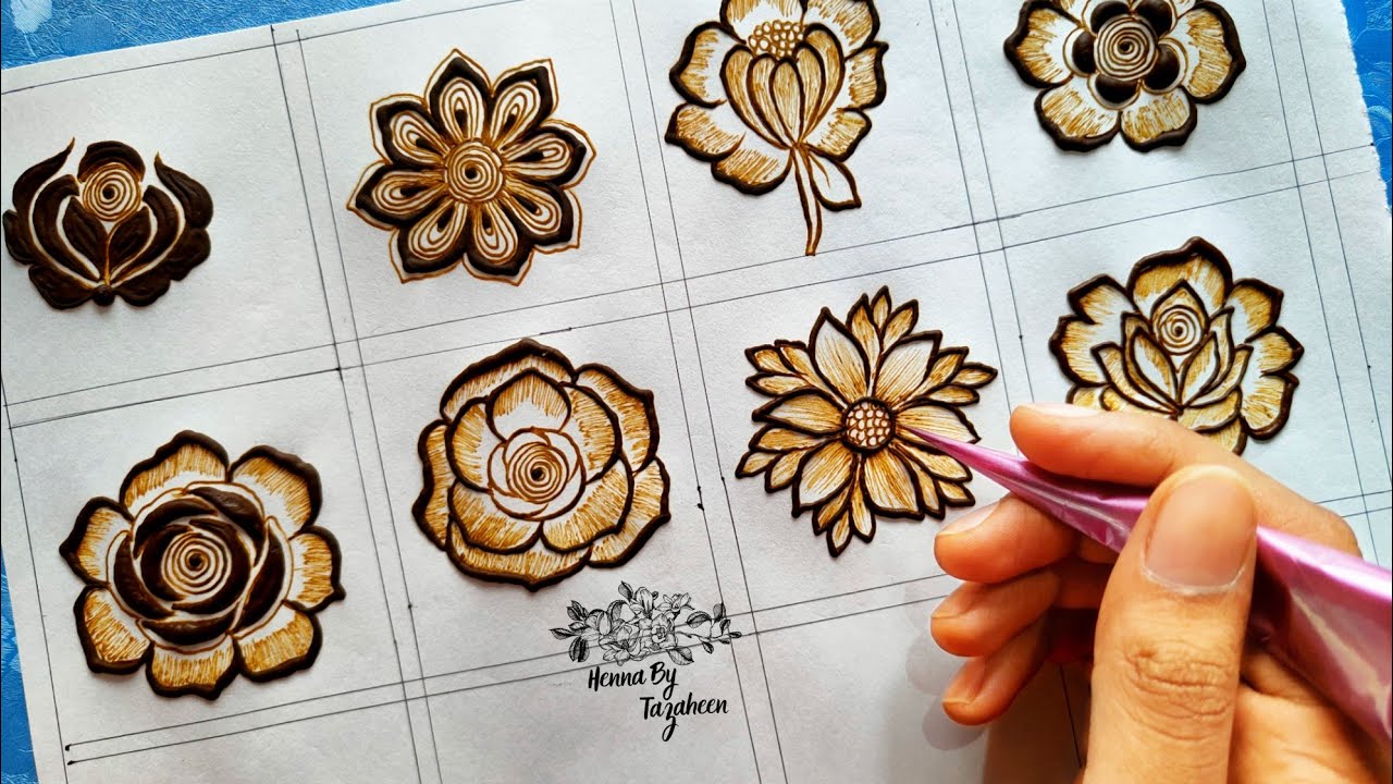 How To :Draw 8 different Types Of Henna Flowers || Beautiful Mehndi Flowers 2022 
