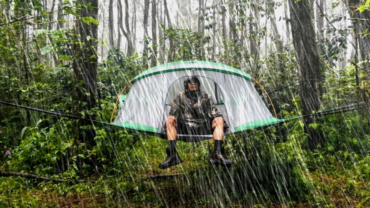 SOLO CAMPING IN HEAVY RAIN - RELAXING CAMPING IN THE RAIN TREE TENT ...