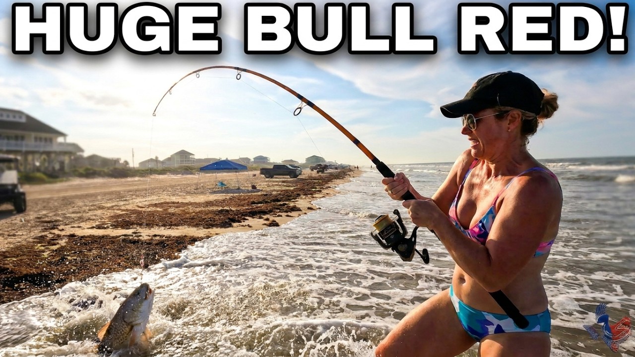 Fighting a GIANT Bull Red in the Galveston Surf! (New Personal Best)