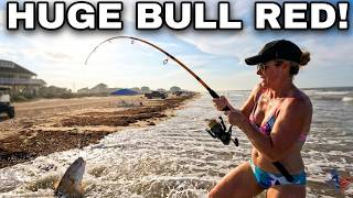 Fighting a GIANT Bull Red in the Galveston Surf! (New Personal Best)
